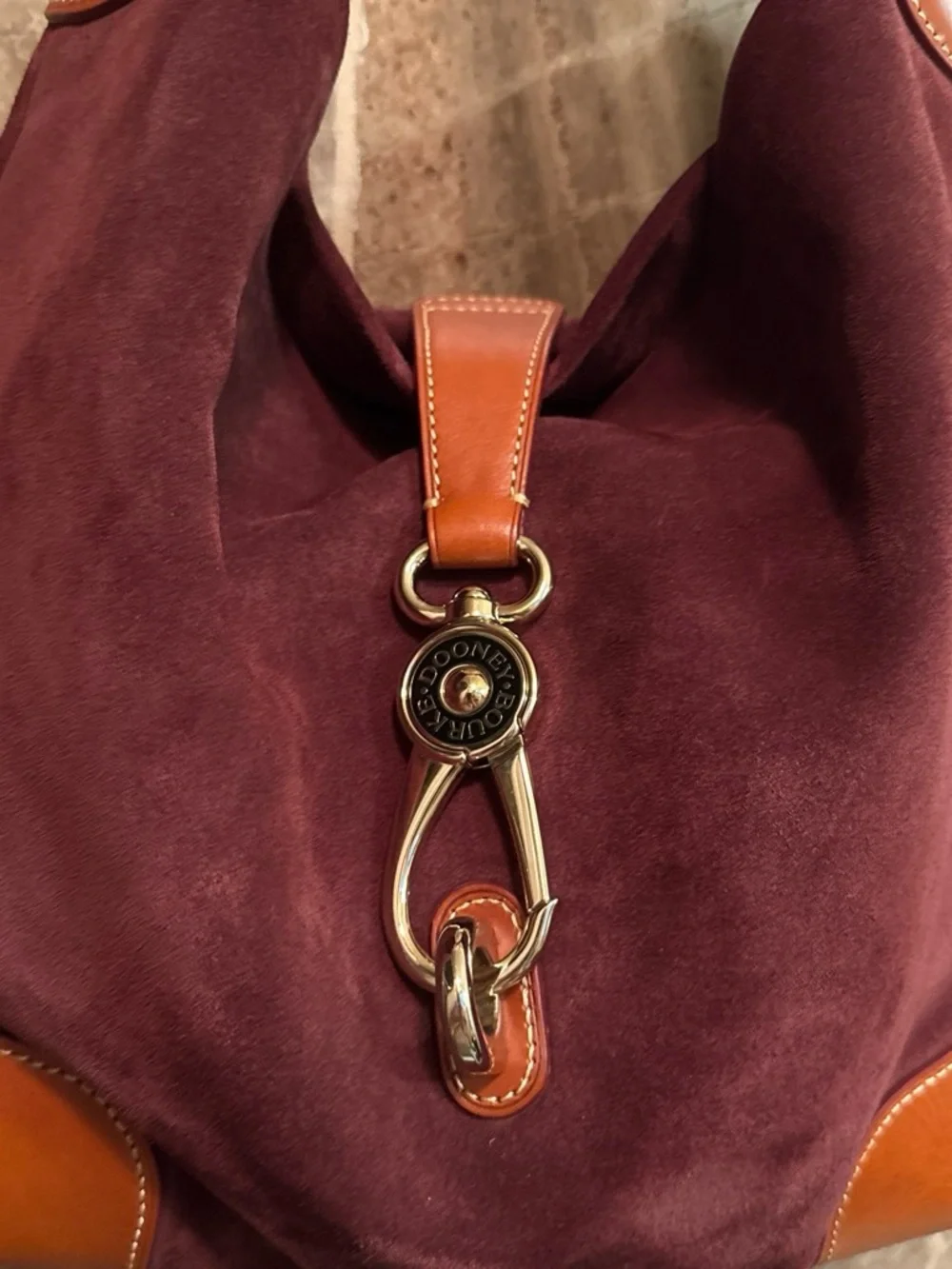 Dooney & Bourke Burgundy Suede Hobo with Tan Leather Trim